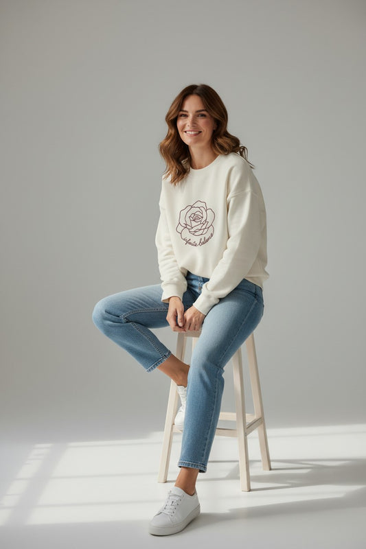 Women's Crew Neck Rose Sweatshirt - Ivory