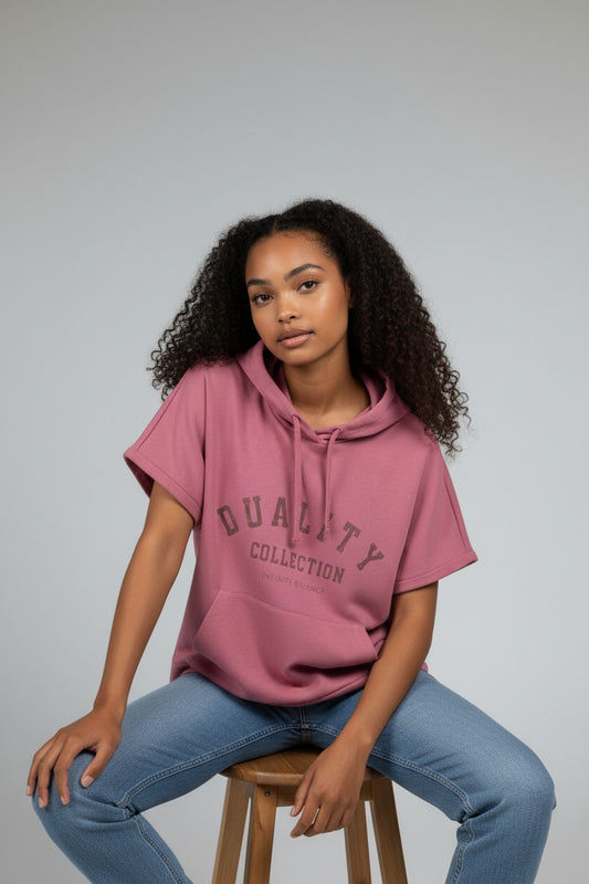 Women's French Terry Short Sleeves Hooded Sweatshirt- Antique Rose