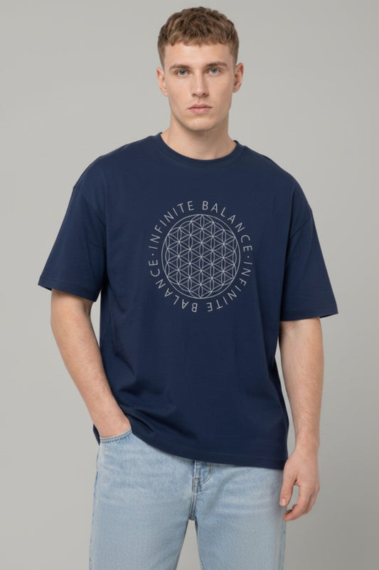 Mens Flower Of Life Loose Fit T-Shirt - Navy Blue
