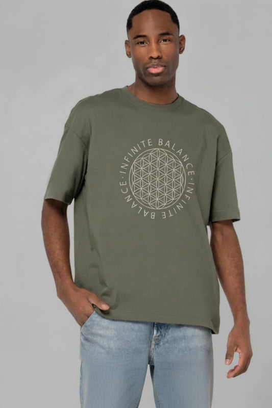Mens Flower Of Life Loose Fit T-Shirt - Organic Khaki